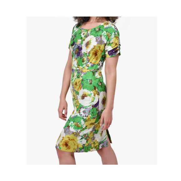 Blumarine Womens Size 4 Green Floral Silk Short Sleeve Dress - Picture 2 of 10